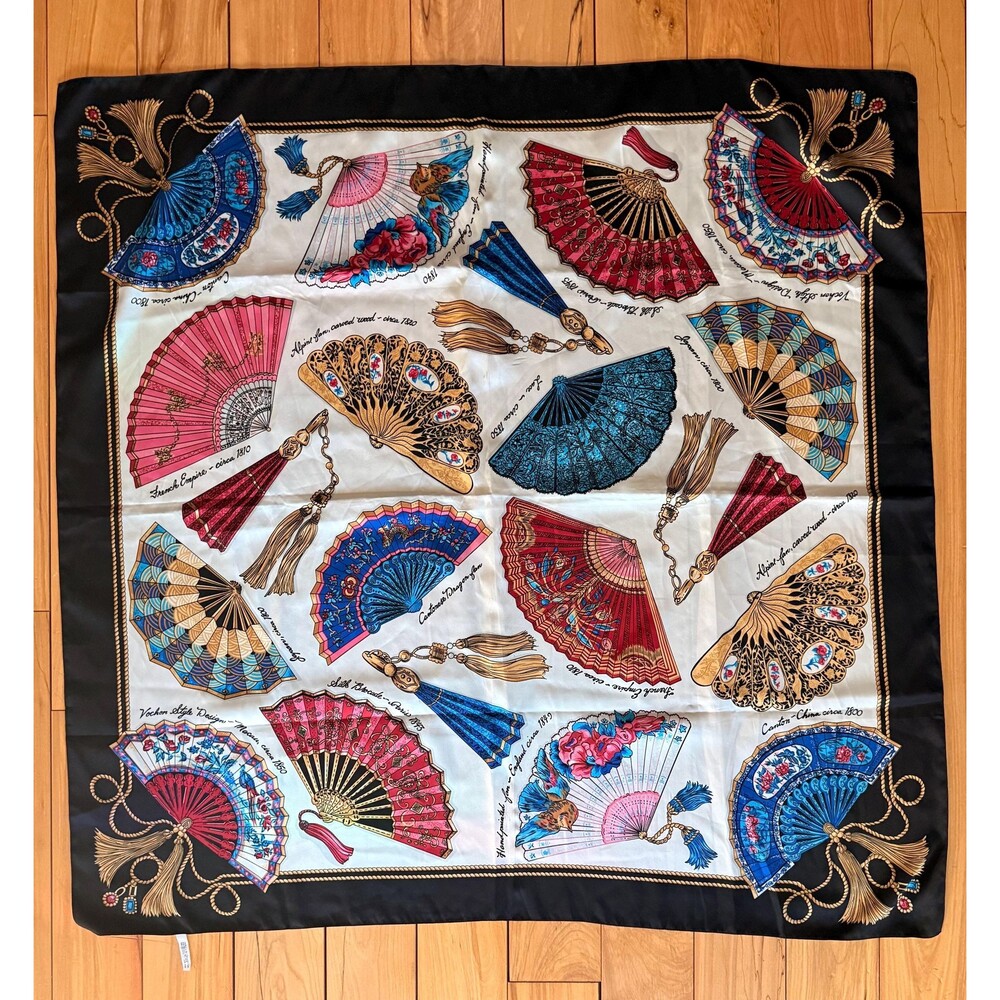 Vintage Avon Italian Scarf Antique Hand Fan Gold Rope Print 34x35 Square